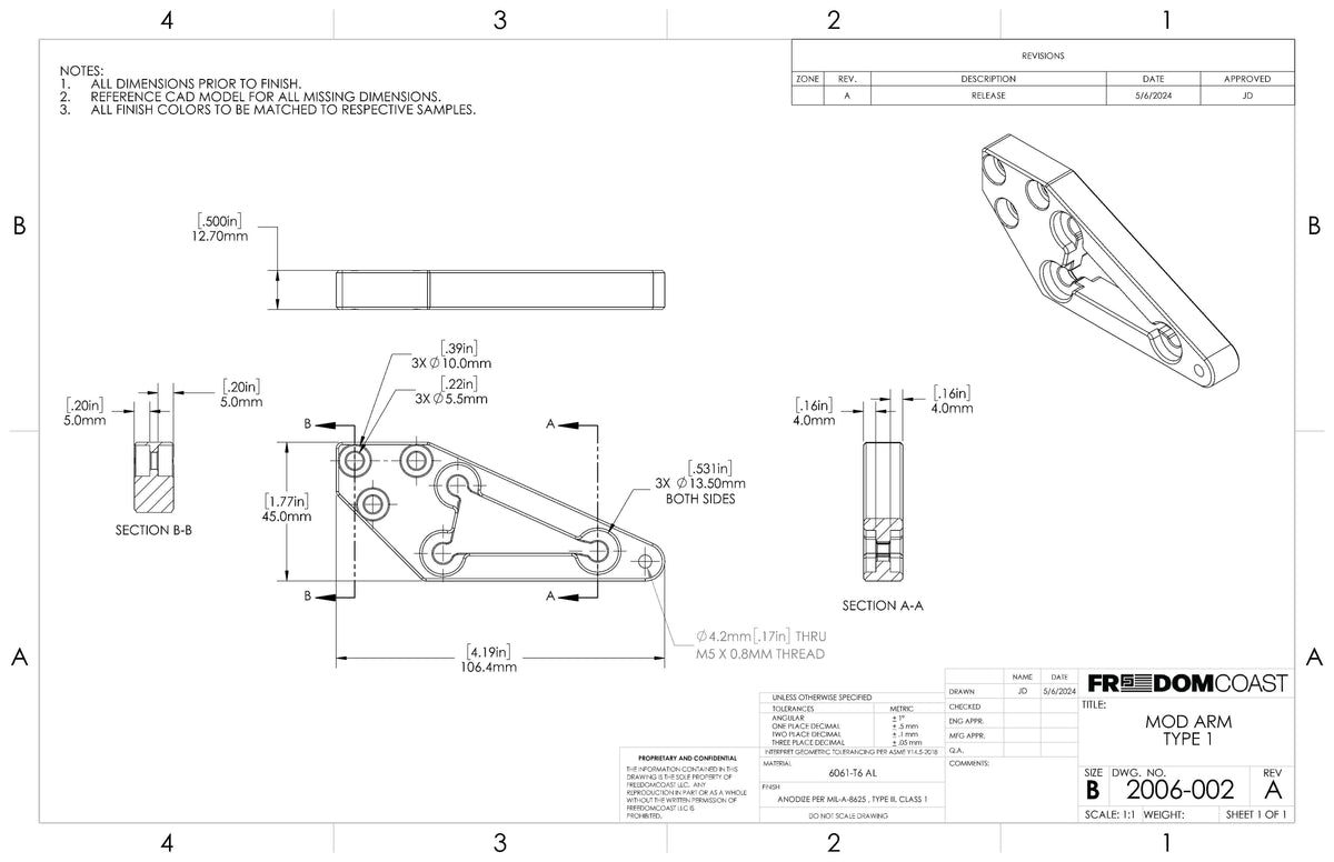 MODmount arm Type 1 dimension drawing