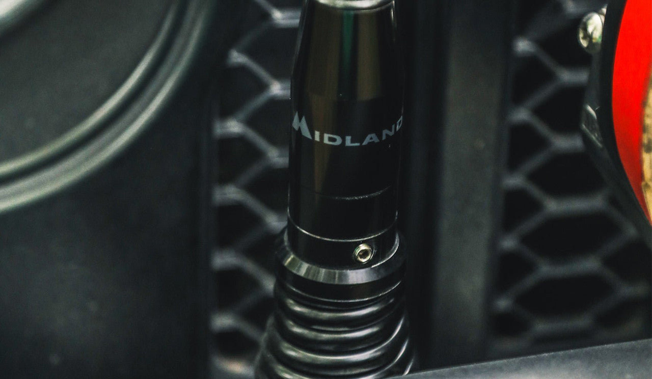 Midland MXAT04VP 6.6dB bullbar GMRS antenna with spring base and cable, cable and connector