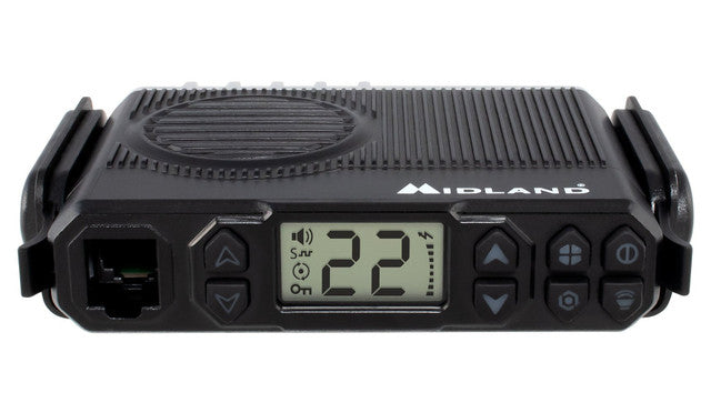 Midland MXT105 5W GMRS MicroMobile radio, shown with included accessories