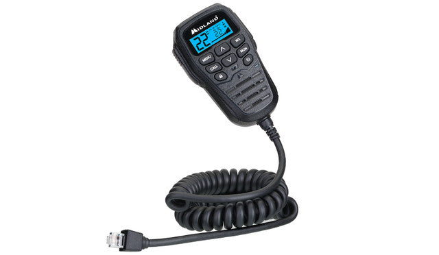 Midland MXT275 15W GMRS MicroMobile radio, shown with included accessories
