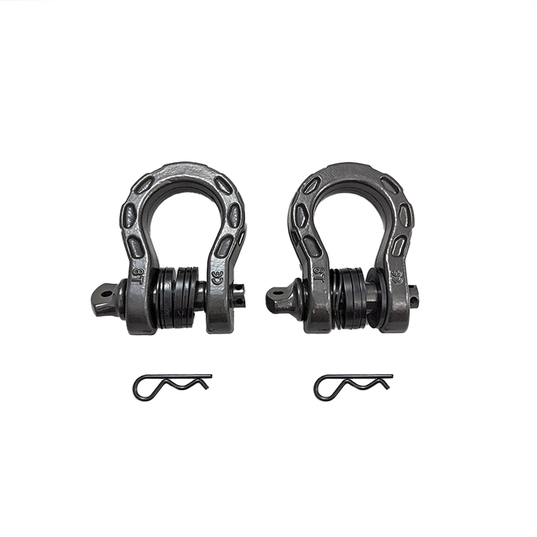 Pair of gray D-ring shackles with pins and clips on a white background
