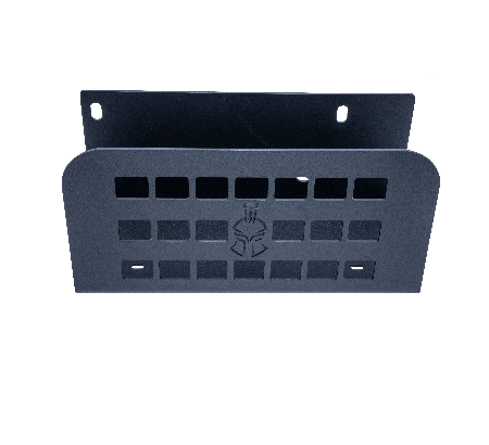 Refuge MOLLE compressor mount shown from an angled view, black powder-coated steel bracket with mounting slots