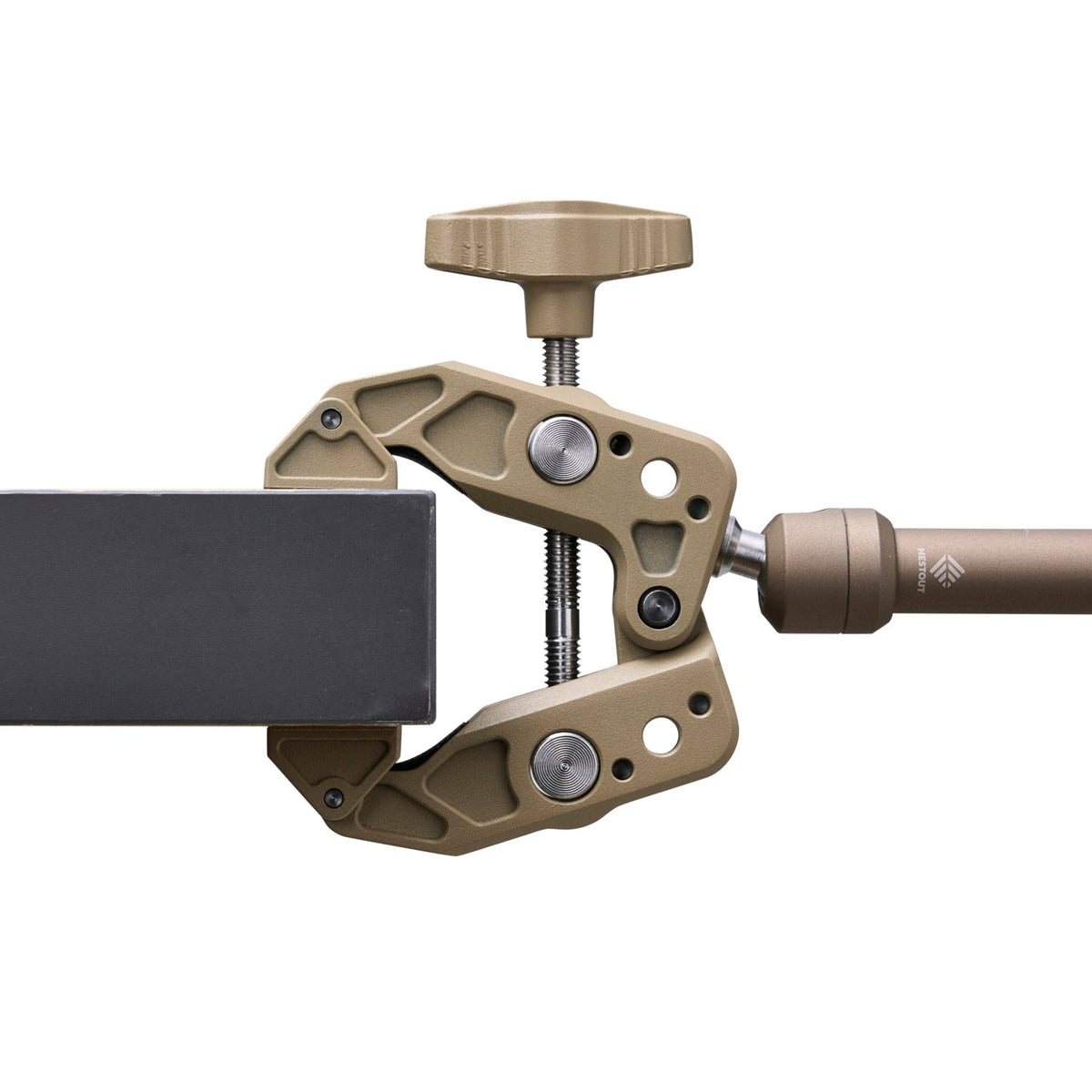 Close-up of the NESTOUT Clamp Arm's jaws gripping a board edge, beige colorway