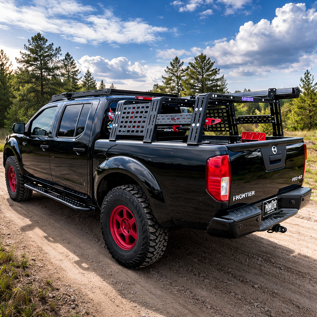 Black Nissan Frontier with HMOR ROCK-IT rack on a dirt road