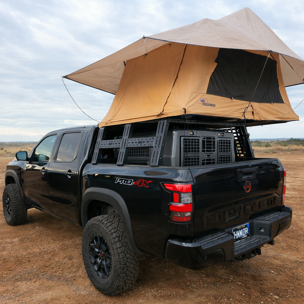 Black Frontier PRO-4X with ROCK-IT rack and open canvas rooftop tent
