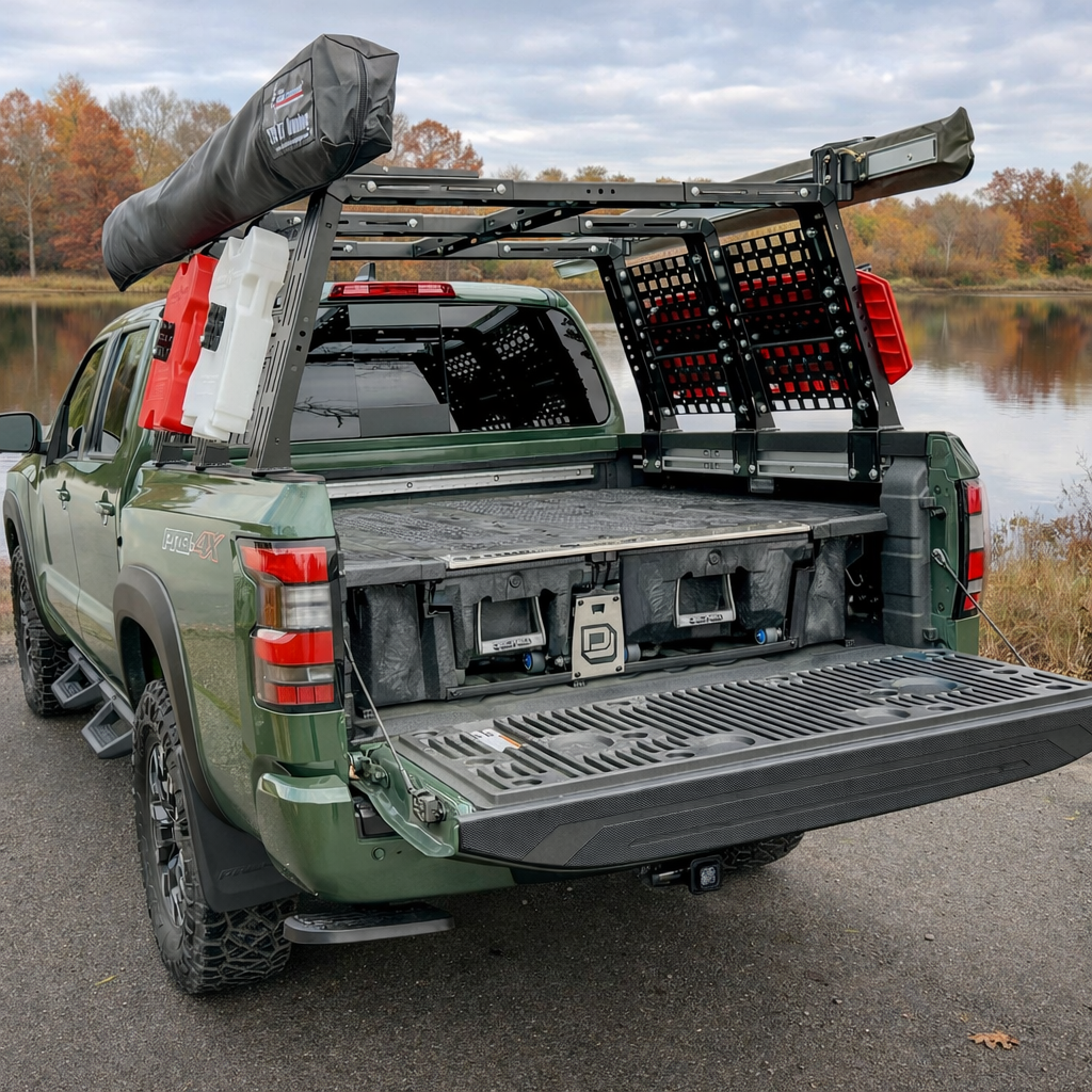 Green Frontier with tall ROCK-IT rack, awning and drawer system in the bed