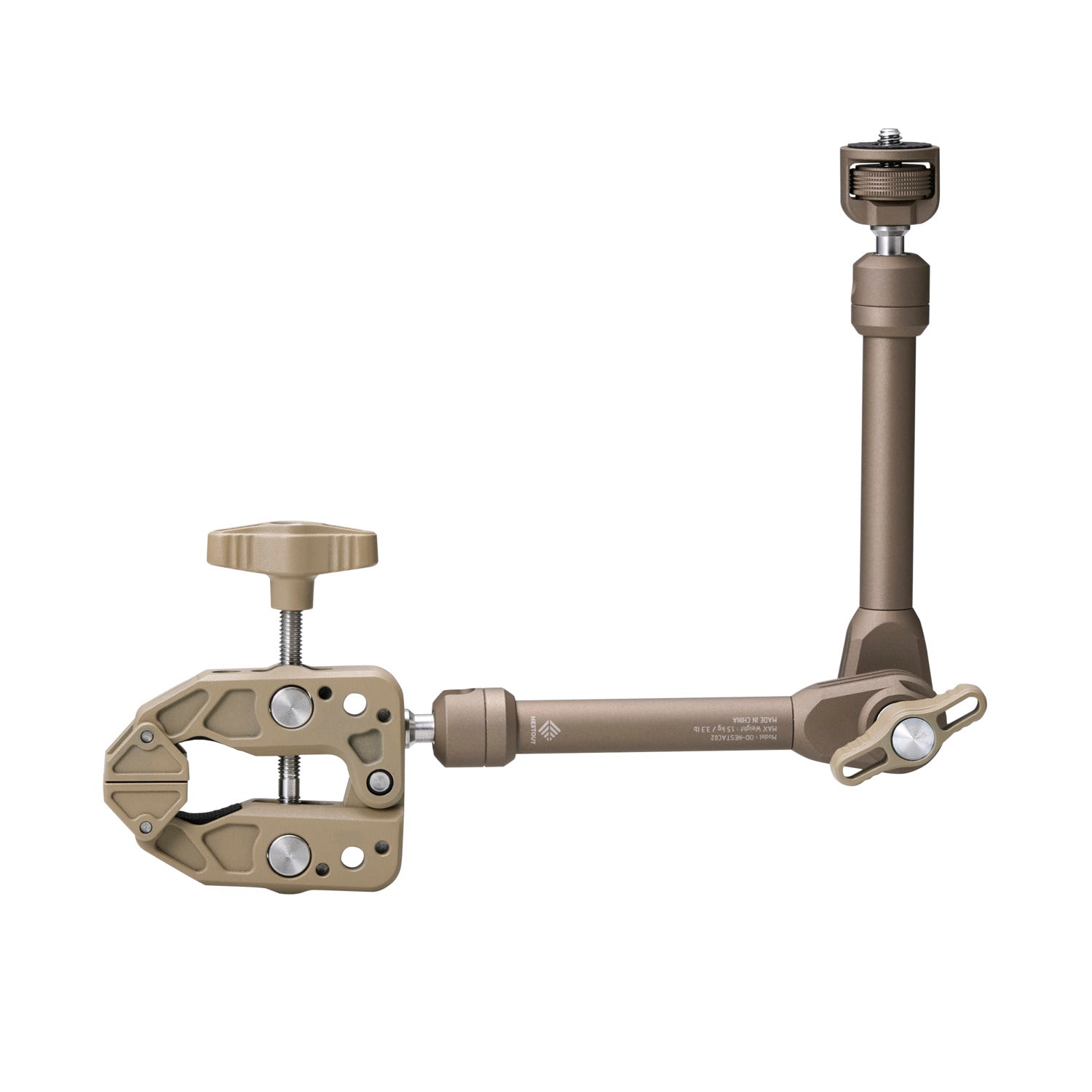 NESTOUT Clamp Arm in beige, ball-jointed arm with clamp jaw on one end and 1/4"-20 mount on the other