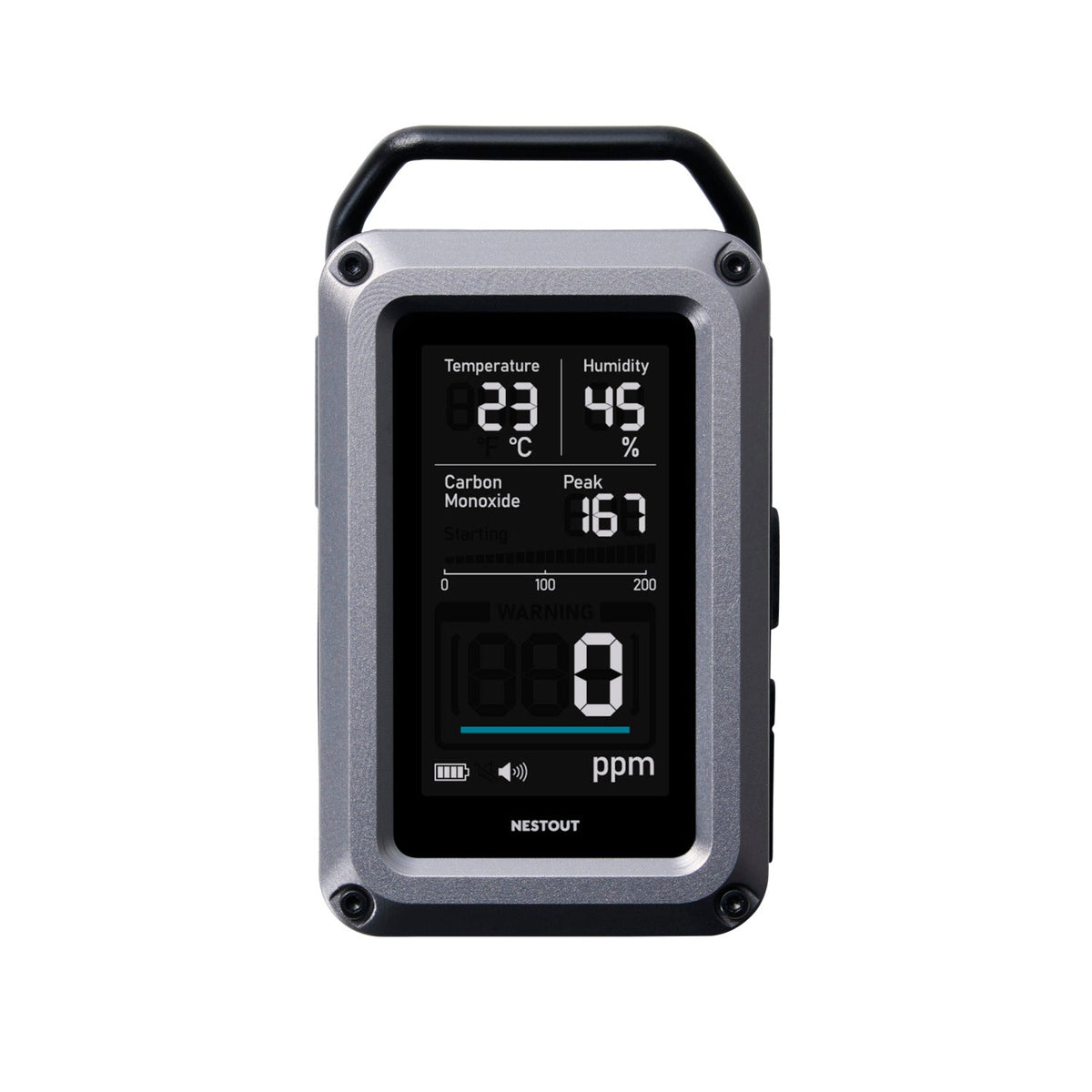 NESTOUT CO Alarm studio front shot, screen showing temperature, humidity, and a carbon monoxide reading of 0 ppm
