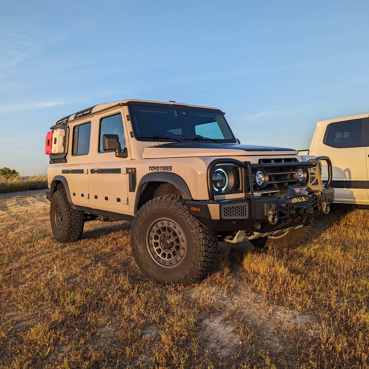 Tan SUV with a black bull bar parked in dry grass