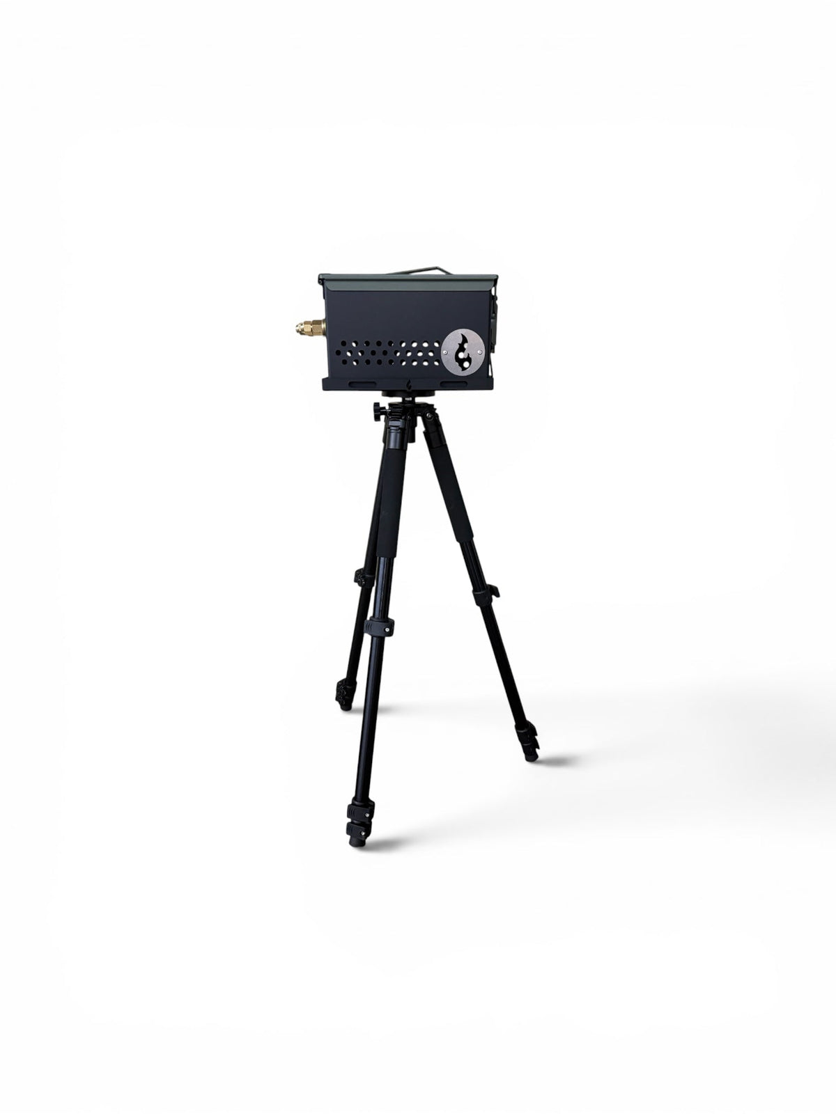 Daddy Long Legs black tripod stand with a LavaBox firebox mounted on top, studio shot on white background