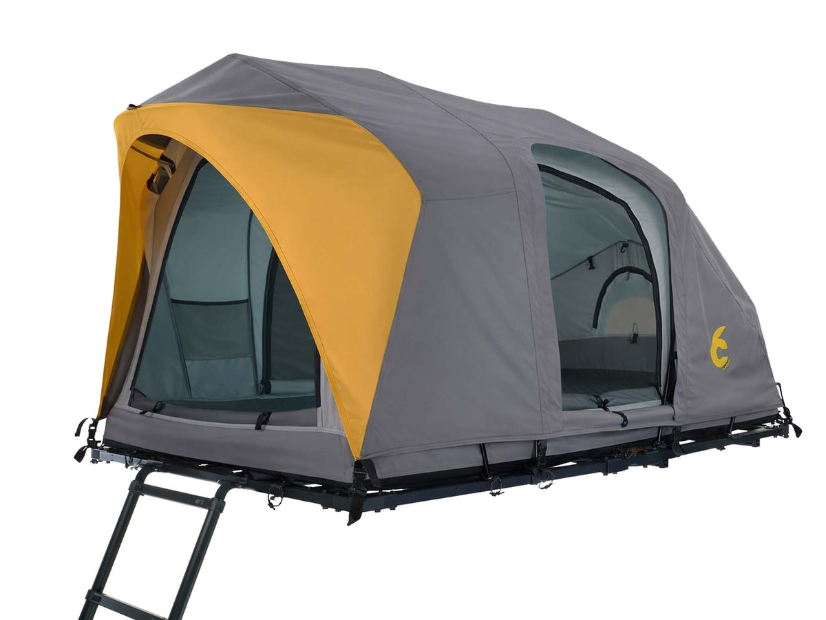 C6 Rev Rooftop Tent X (Element) – with doors open and ladder, orange fly sheet