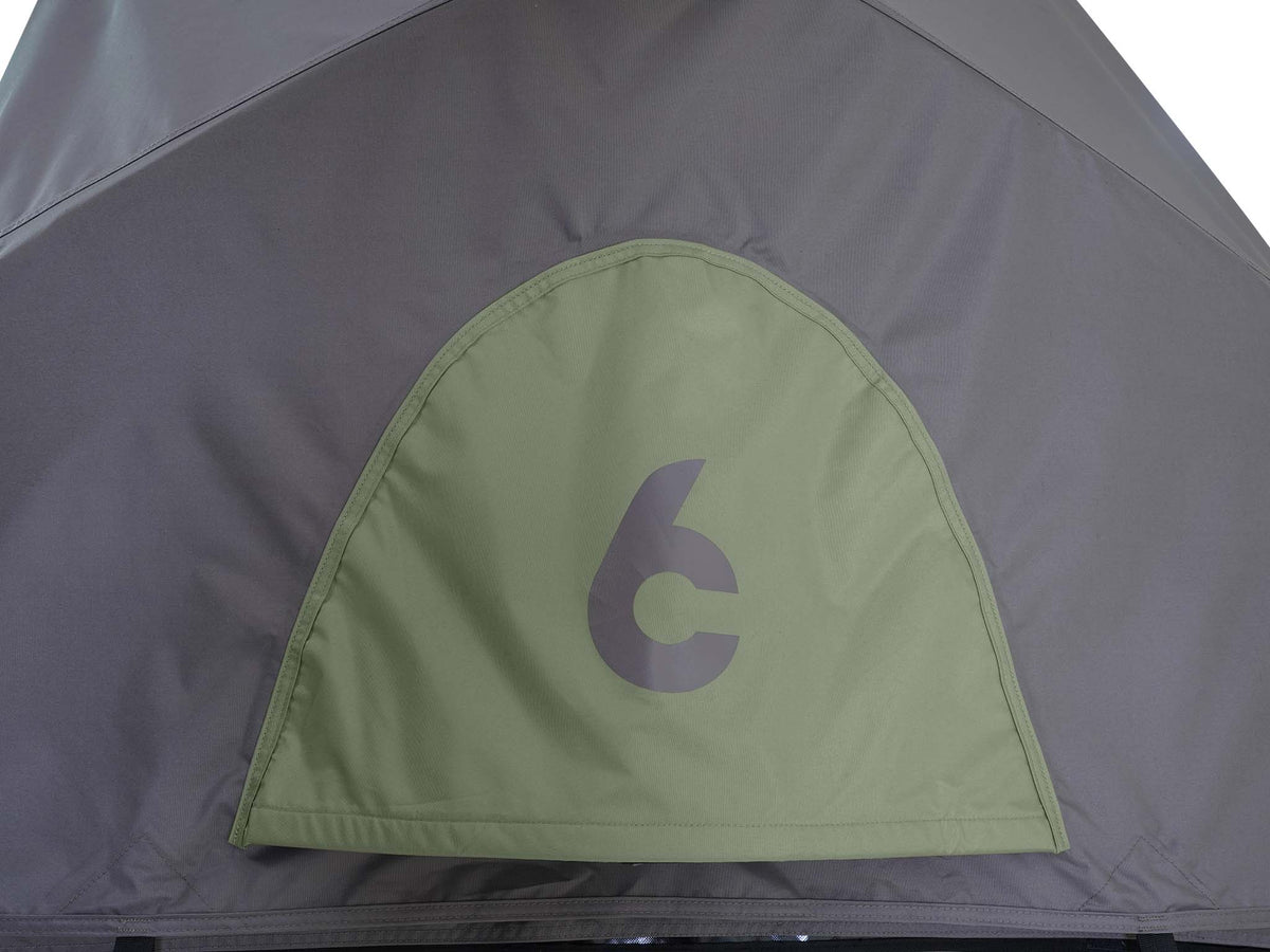 C6 Rev Tent (Element) – green door panel close-up with C6 logo