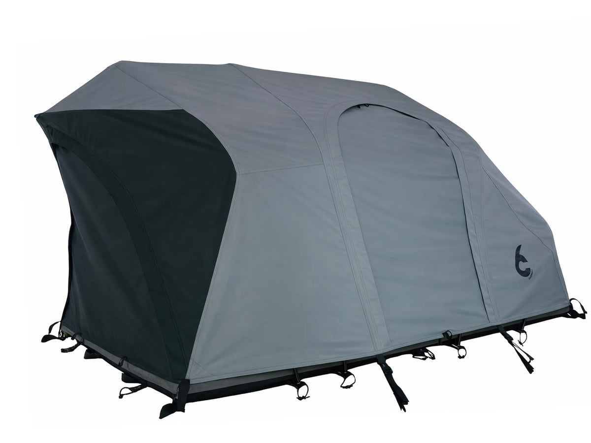 C6 Rev Rack Tent (HellaStorm) – angled side view with fly sheet on