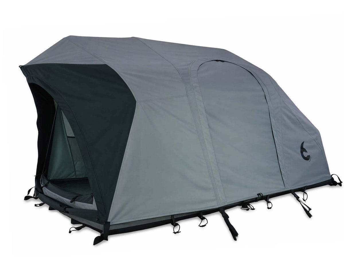 C6 Rev Tent (HellaStorm) – doors open, dark fly sheet