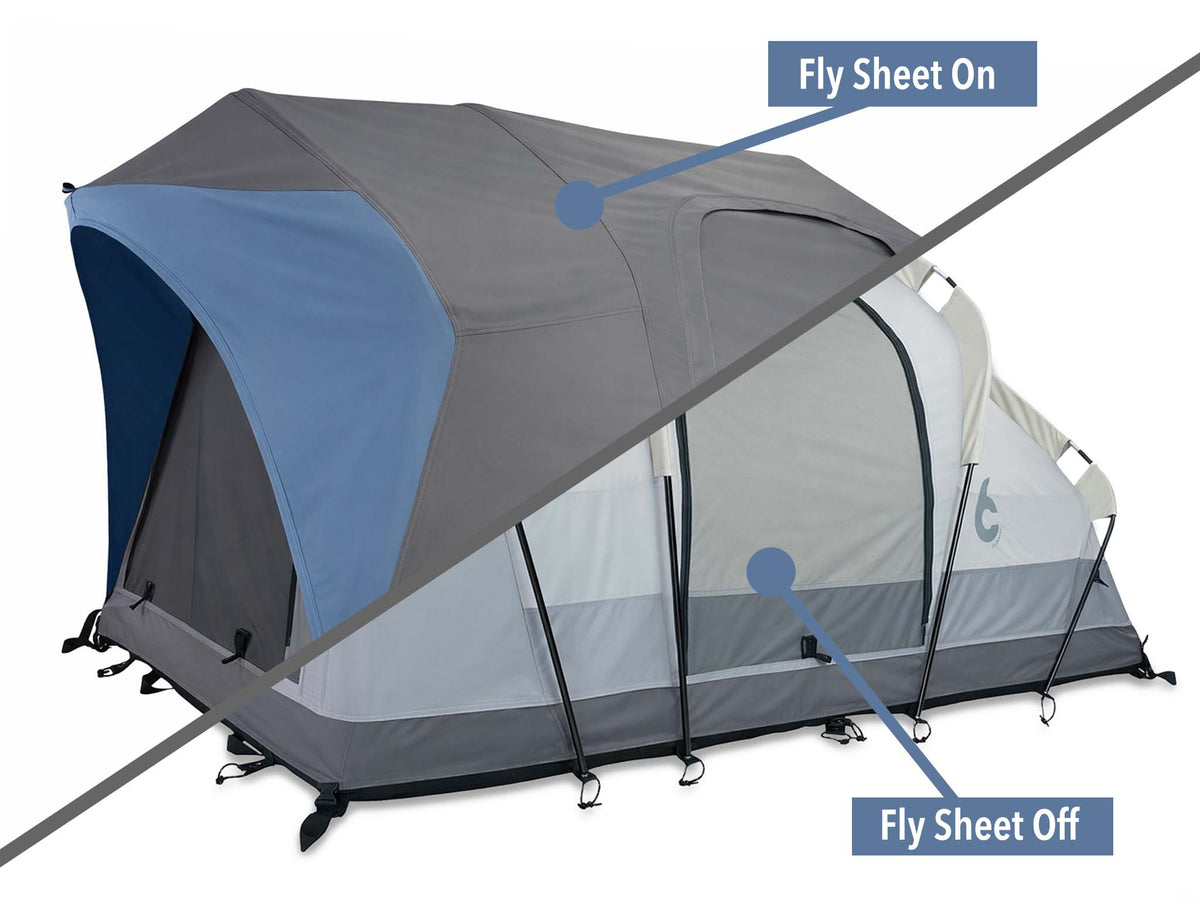 C6 Rev Rooftop Tent X (Element) – diagram showing blue fly sheet on and off