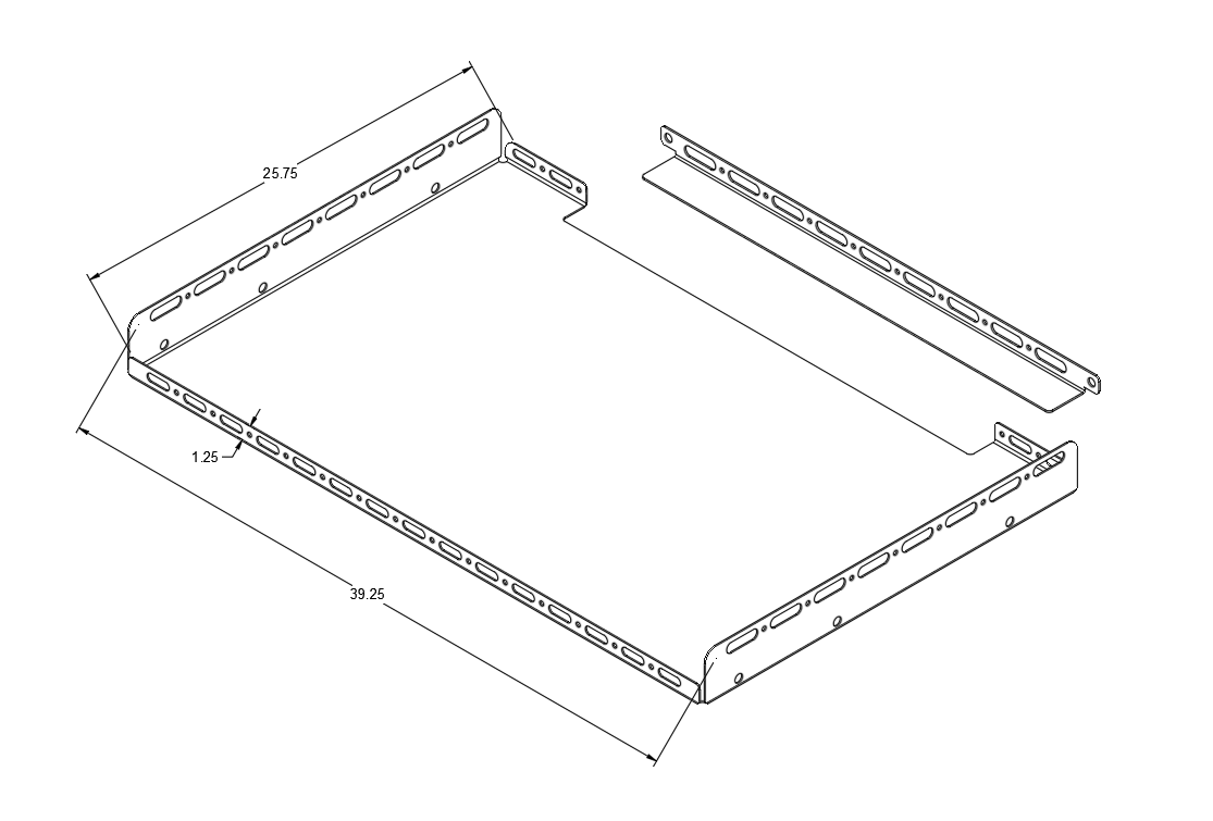 Dimension drawing of the Bronco Slide Floor 2.0 tray and brackets