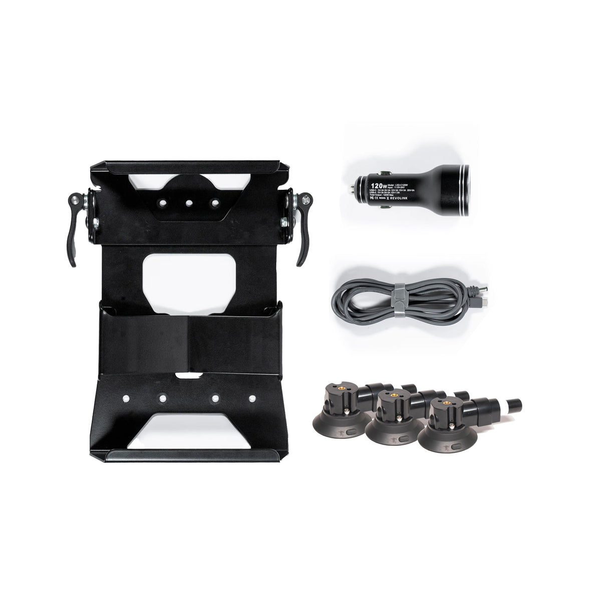 Revolink quick release mount with car charger, power cable and three suction cups