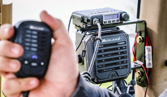 Midland SPK100 external radio speaker, side view
