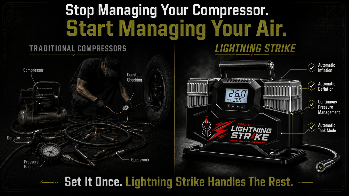 Graphic comparing traditional compressor setup with separate gauge and deflator to Lightning Strike Pro's all-in-one automatic system