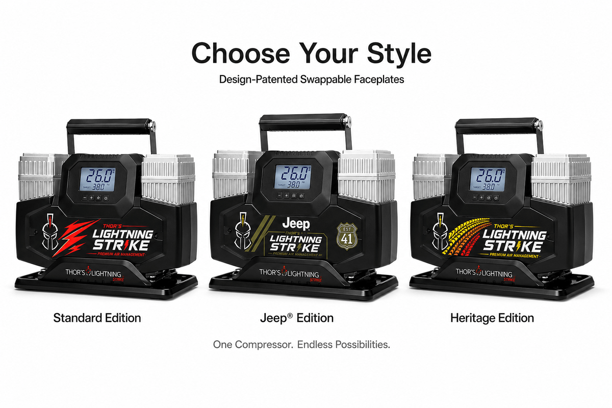 Choose Your Style graphic showing Lightning Strike Pro's three swappable faceplates: Standard, Jeep, and Heritage Edition