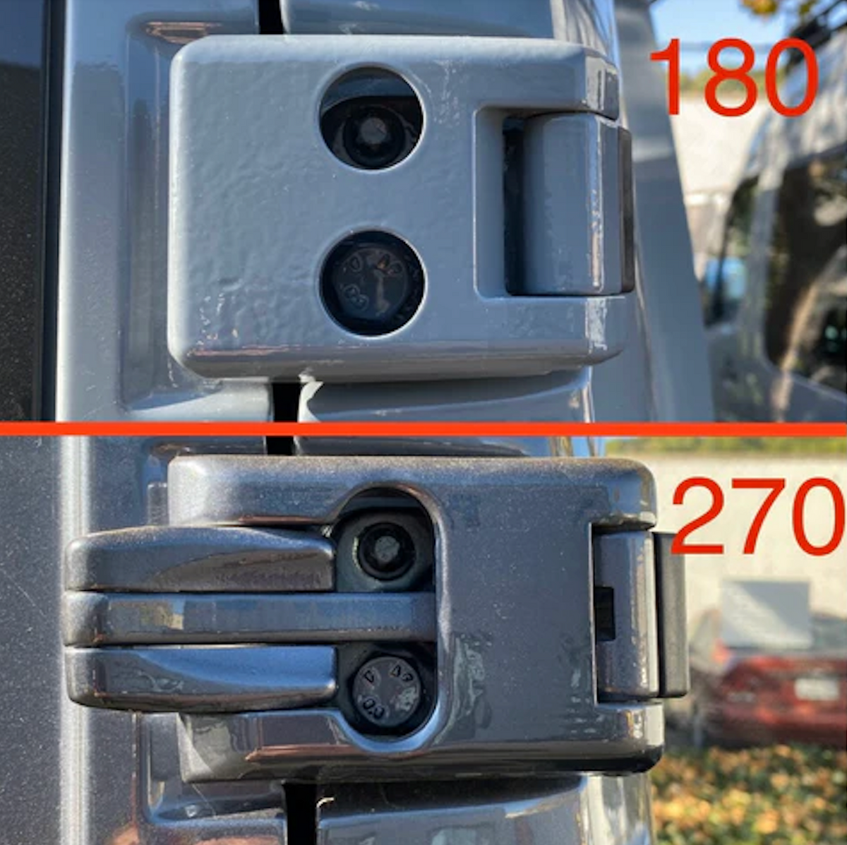 Two rear door hinges shown side by side, labeled 180 and 270
