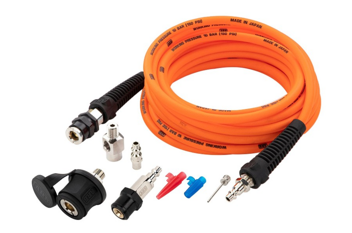 Orange air hose with inflation fittings and connectors on a white background