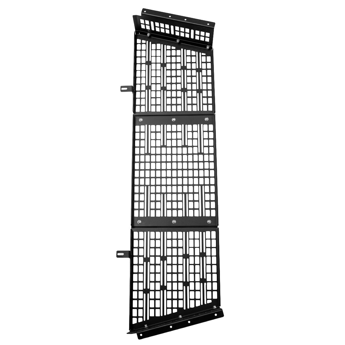 Full length of the three black MOLLE panels shown on end against white