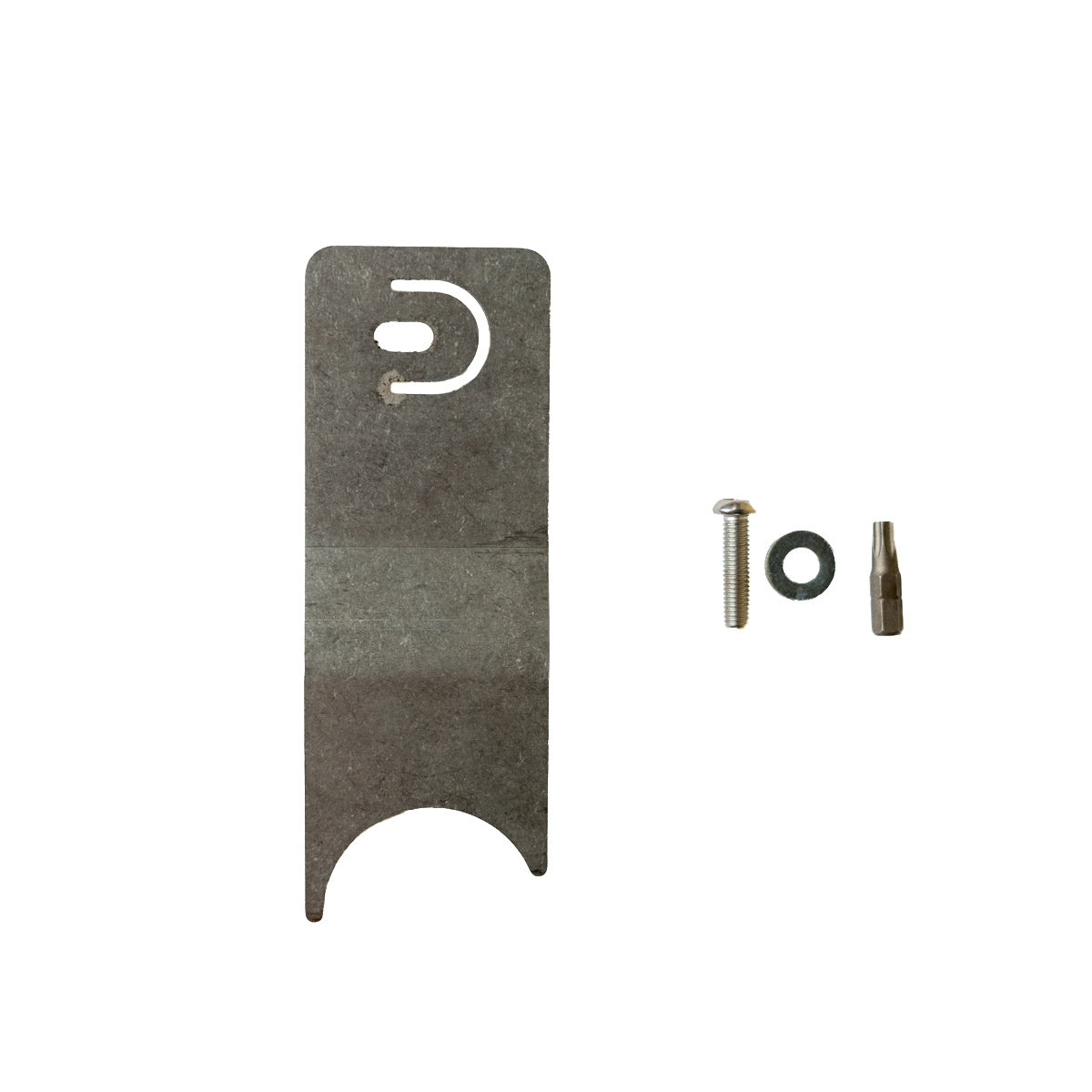 Tailgate theft protector bracket with the security bolt, washer and bit laid beside it