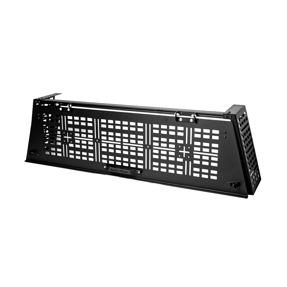 Black MOLLE rear hatch with side mounts on a white background