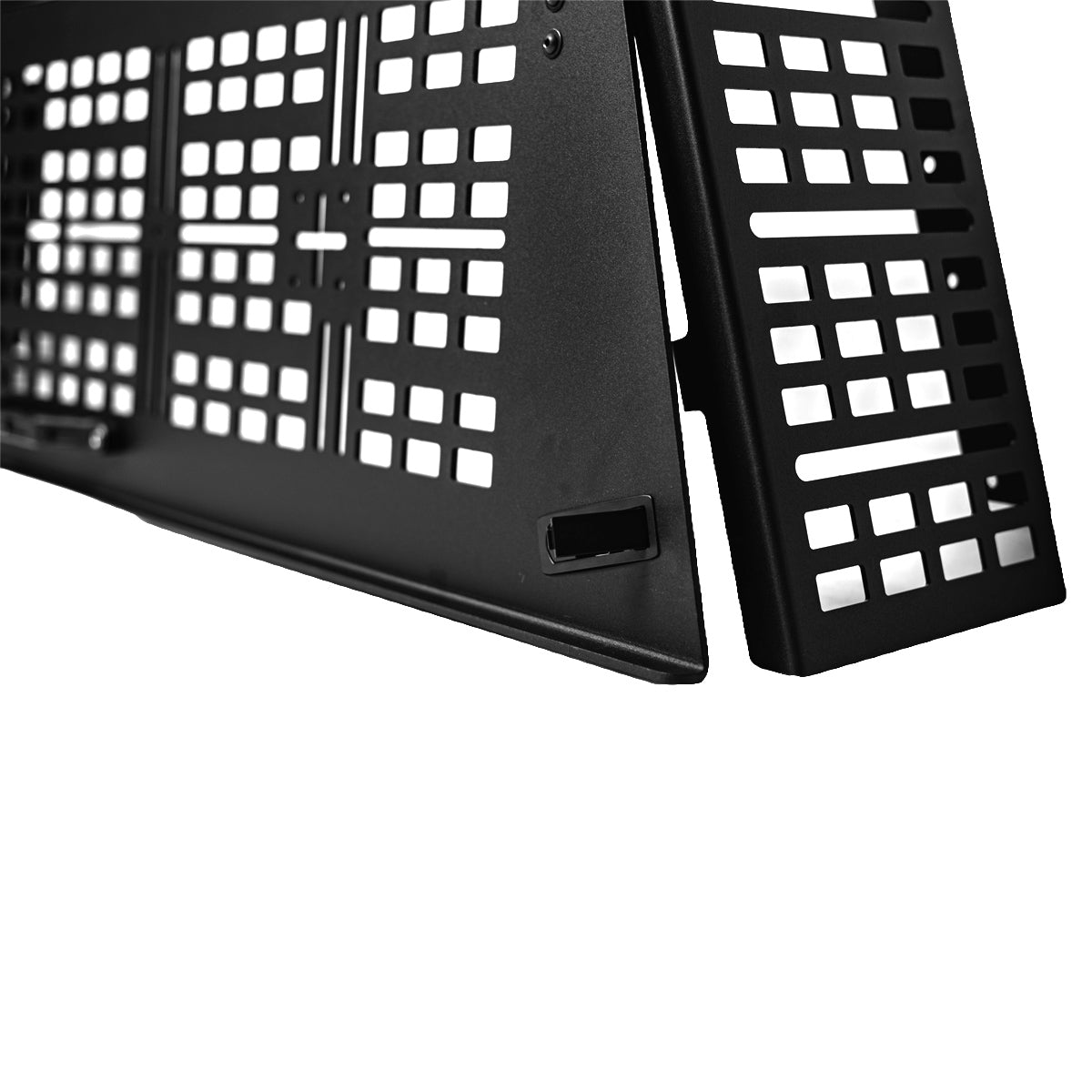 MOLLE-cut hatch door standing beside a MOLLE side panel on a white background