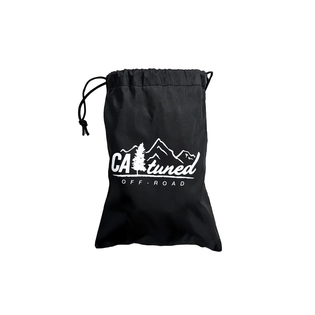 Black drawstring storage pouch with a logo