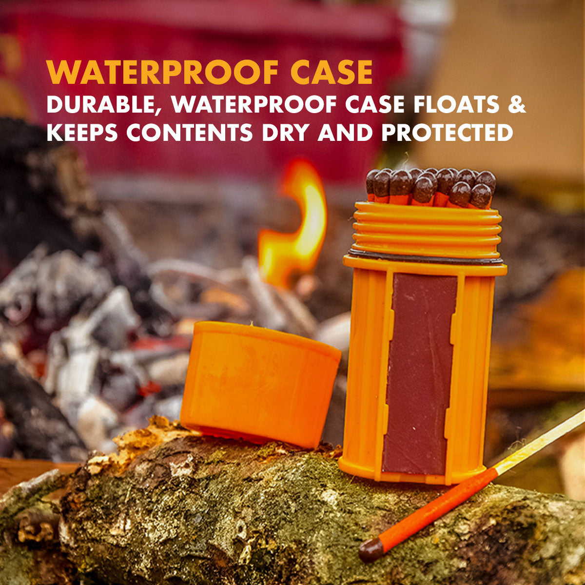 Infographic reading 'Burns under water - fully submersible firepower, matches will light and stay lit even after being submerged in water, up to 15 second burn time'