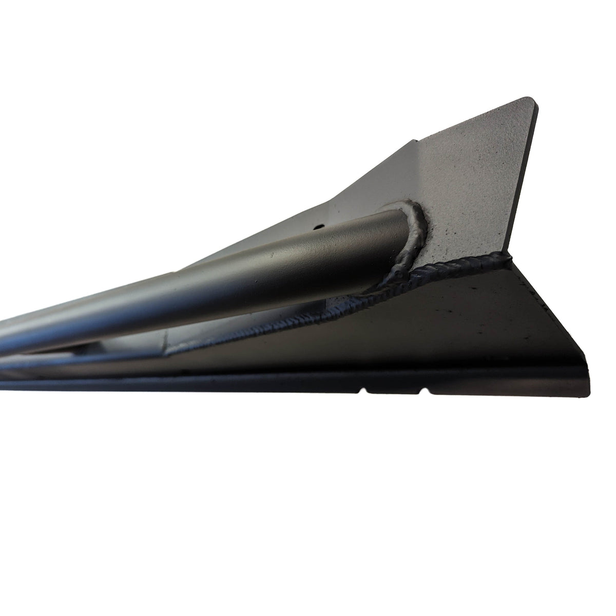 Front end of a black rock slider on a white background