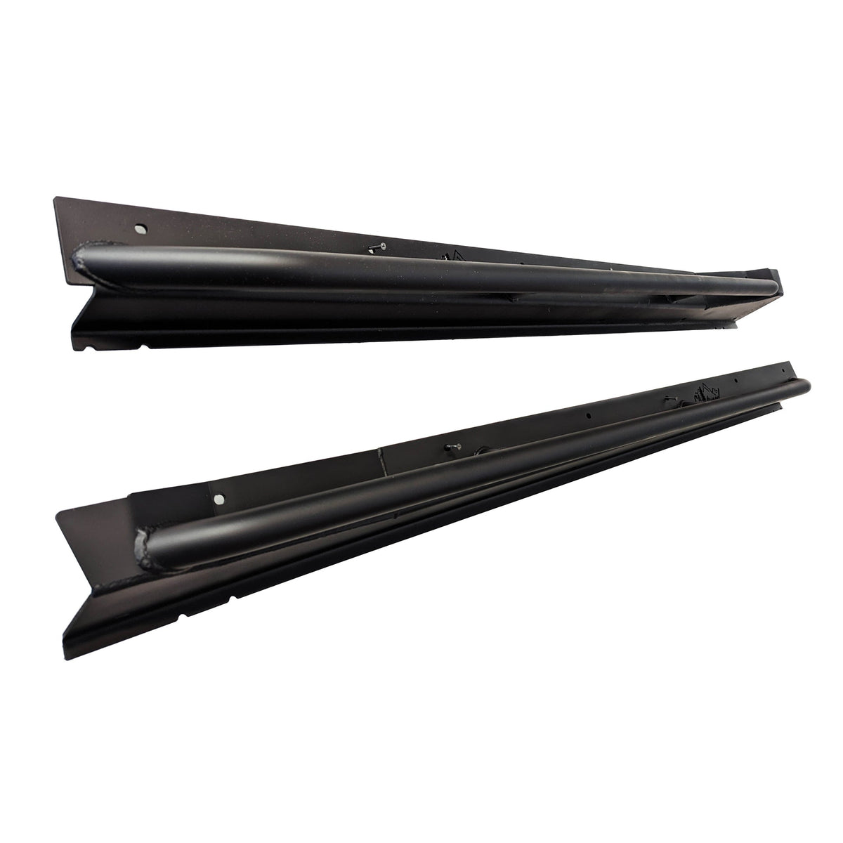 Pair of black rock sliders angled to show the end profiles on a white background