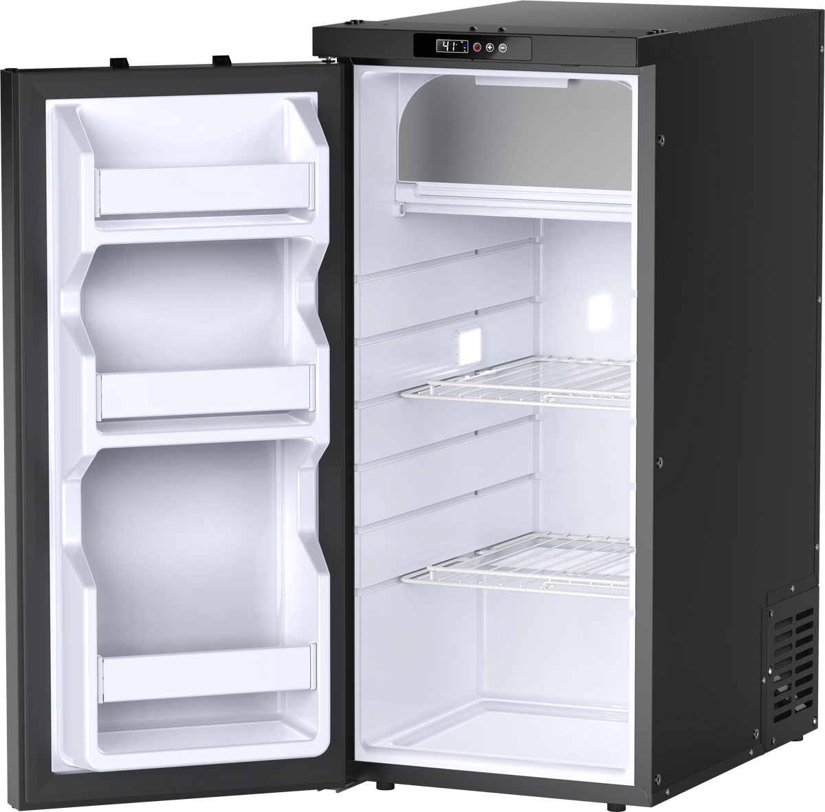 ICECO BF86 with the door open showing door bins and wire shelves
