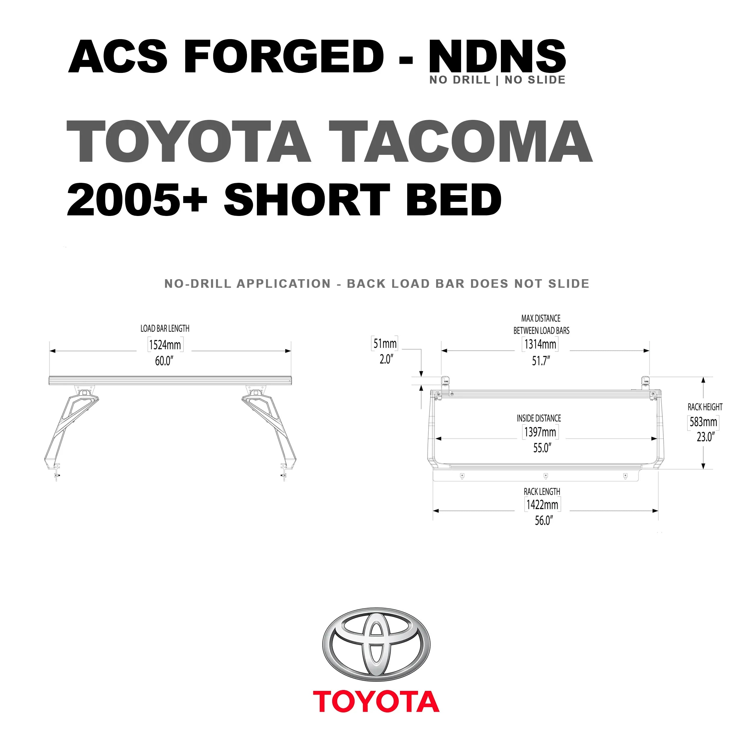 DIAGRAM OF ACS FORGED NO DRILL NO SLIDE TOYOTA TACOMA SHORTBED AND MEASUREMENTS