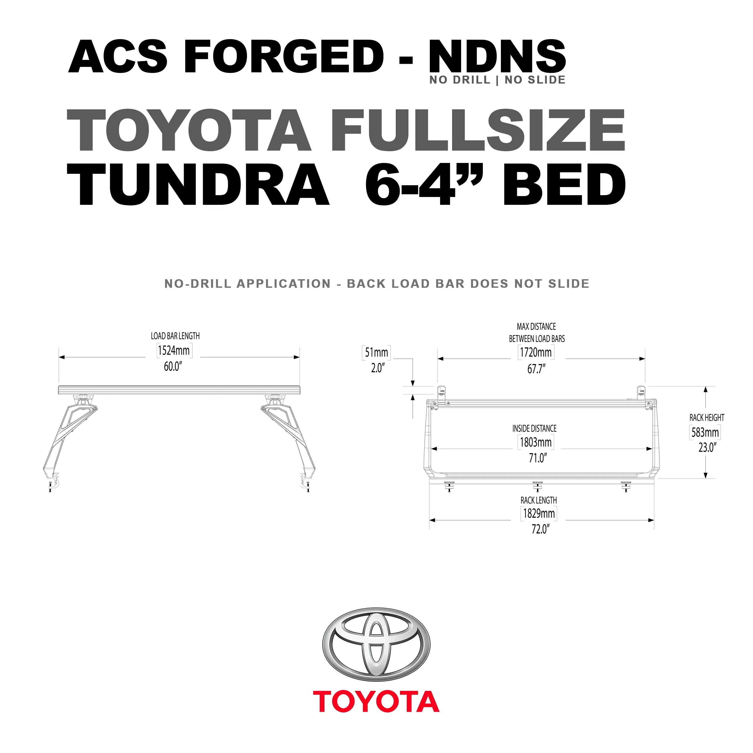DIAGRAM OF ACS FORGED NO DRILL NO SLIDE TOYOTA FULL SIZE TUNDRA 6-4" BED AND MEASUREMENTS