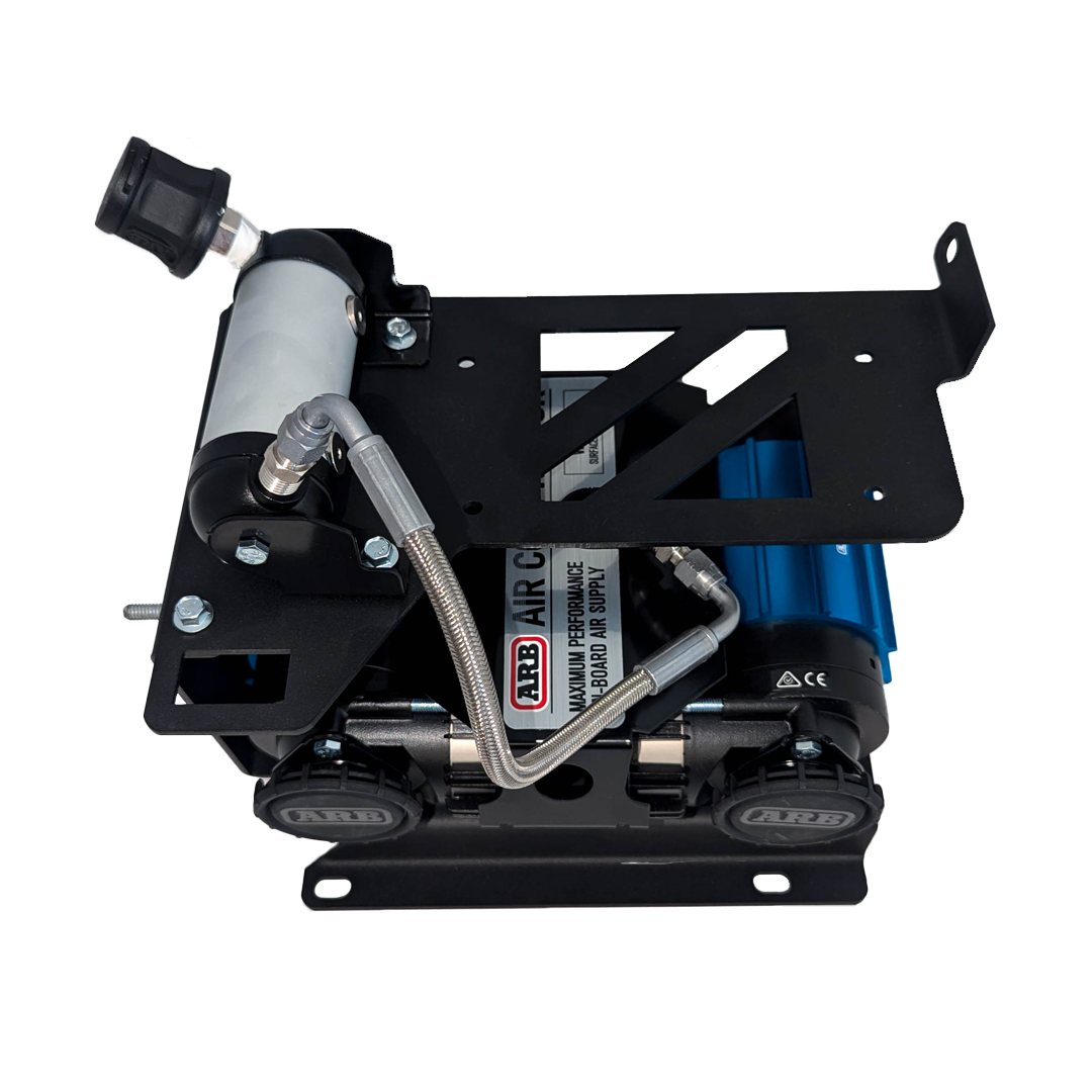 Compressor, black mount and white air tank assembled, angled view