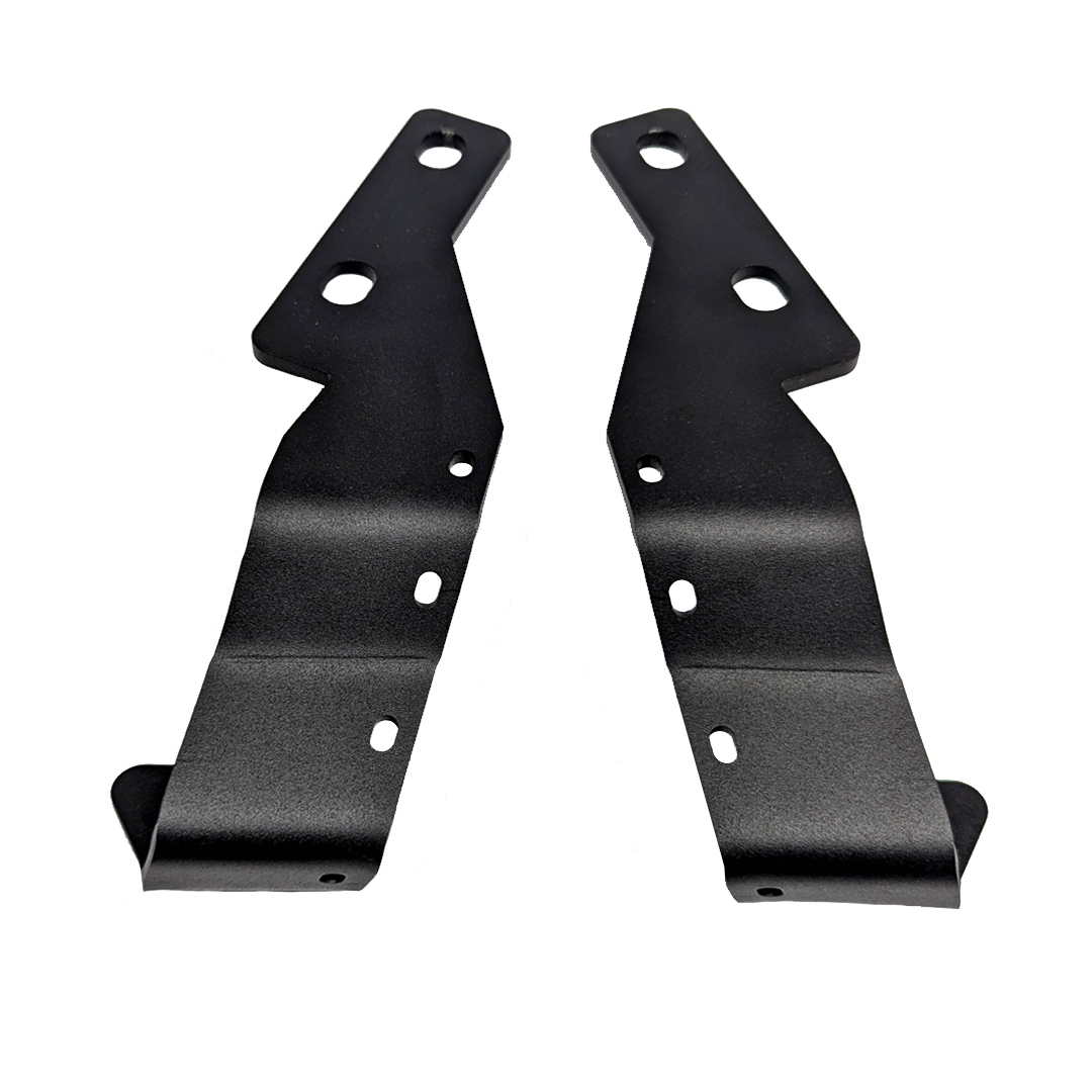 Pair of black ditch light brackets angled to show the bent arms