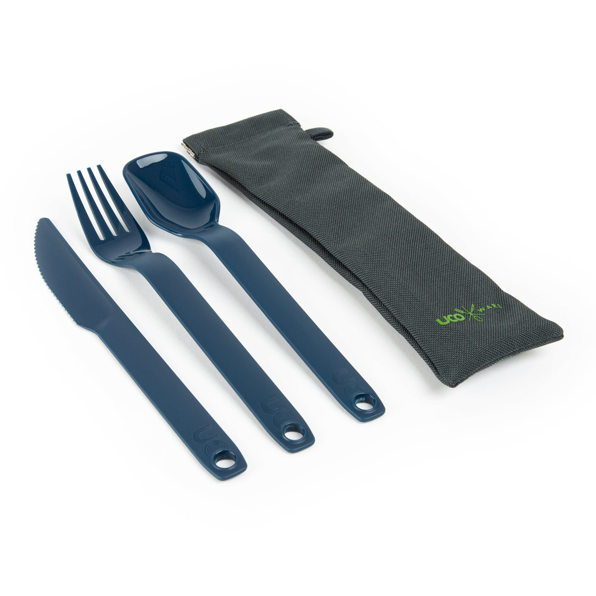 Navy blue fork, knife, and spoon from the UCO ECO 3-Piece Utensil Set laid beside their olive green pouch