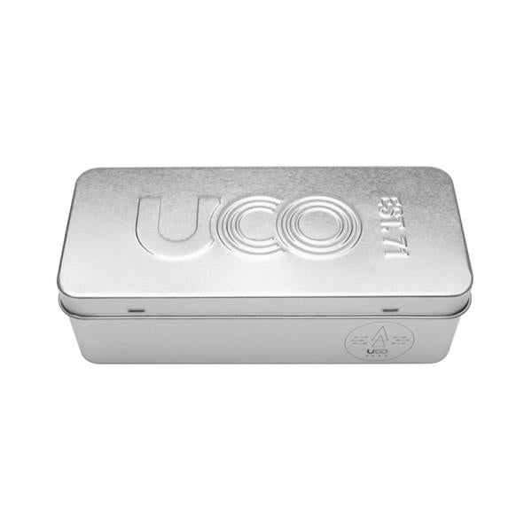 UCO Fire Starting Kit metal tin open, showing the striker and fire starters inside