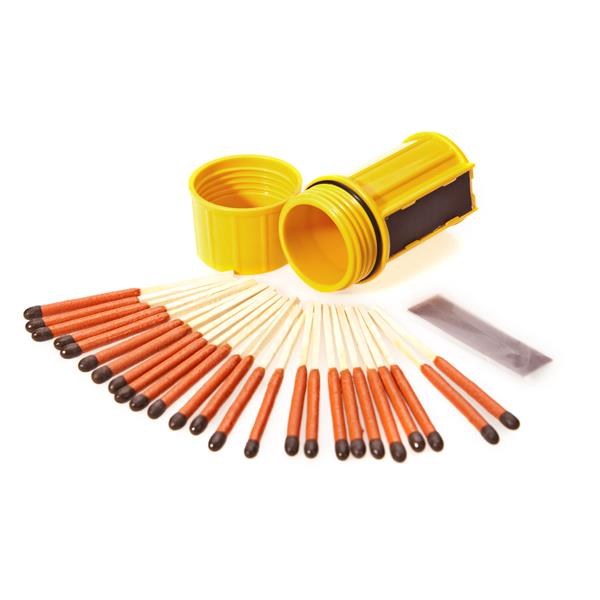 Orange UCO stormproof match case open with matches fanned out beside it