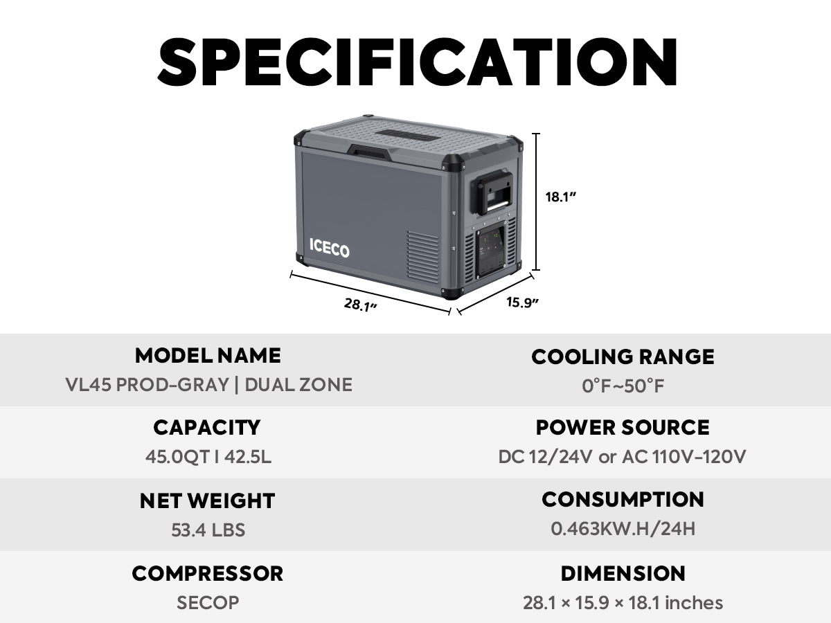 VL45ProD Dual Zone Portable Freezer - Gray | ICECO VL Pro Series ICECO- Overland Kitted