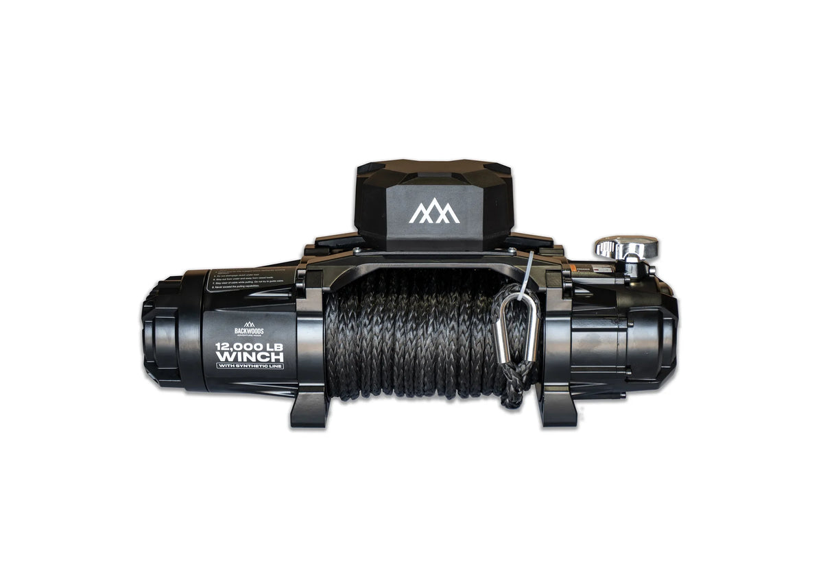 Backwoods 12,000lb winch with synthetic line, studio product shot