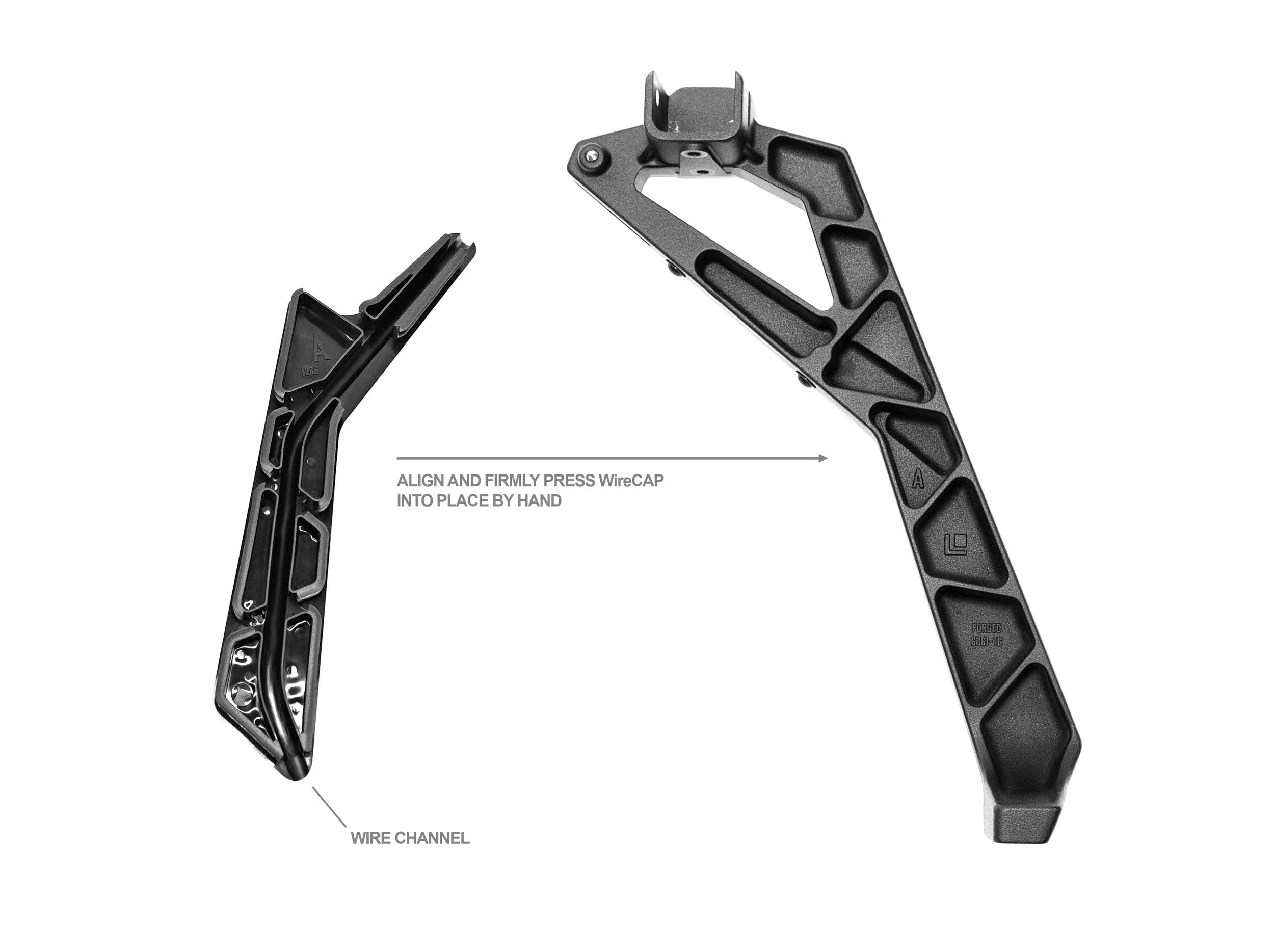 UNDERSIDE OF BLACK CAP FOR WIRES AND COMPATIBLE UPRIGHT ON ACS FORGED BED RACK