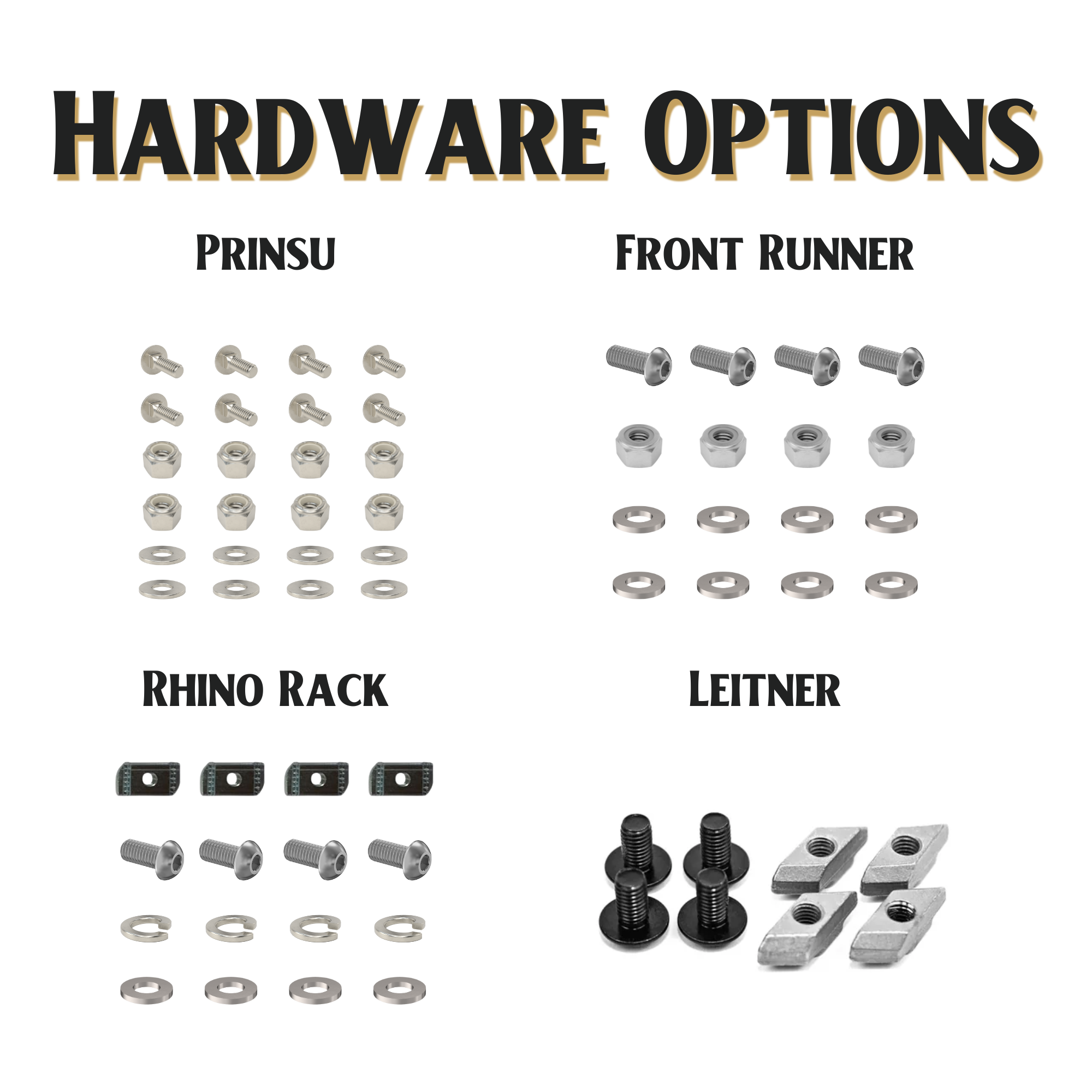 Overland Kitted Hardware options: Leitner, Rhino Rack, Front Runner, Prinsu