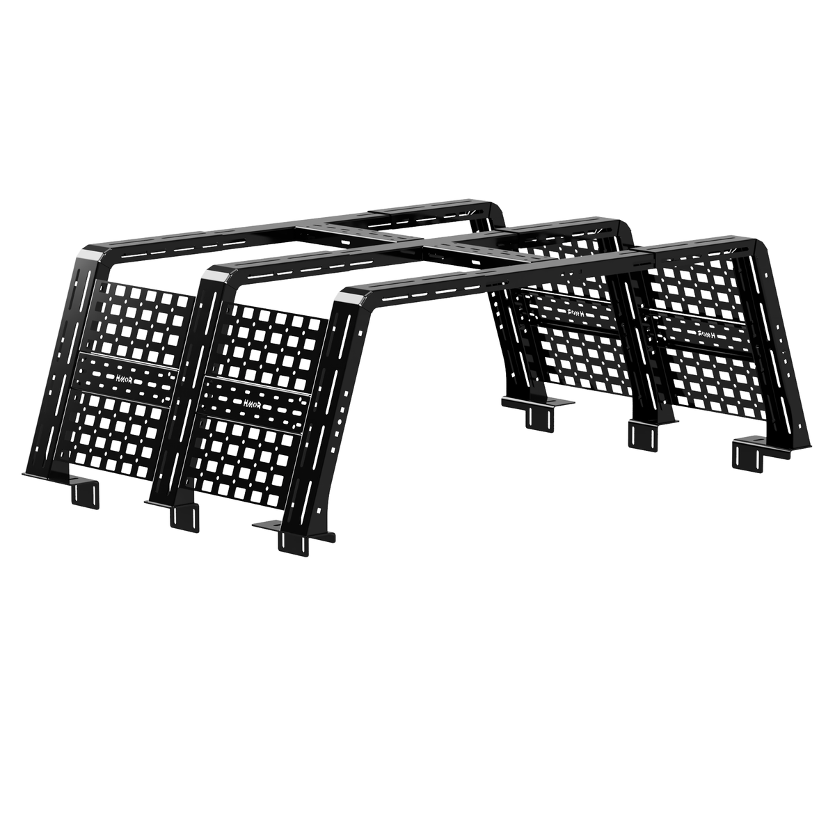 HMOR ROCK-IT bed rack for 2023-2026 Chevy Colorado, black powder-coated render, tall height with MOLLE side panels