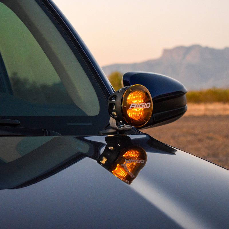 Rigid 360-Series Drive lights on 4Runner A-pillar brackets at night