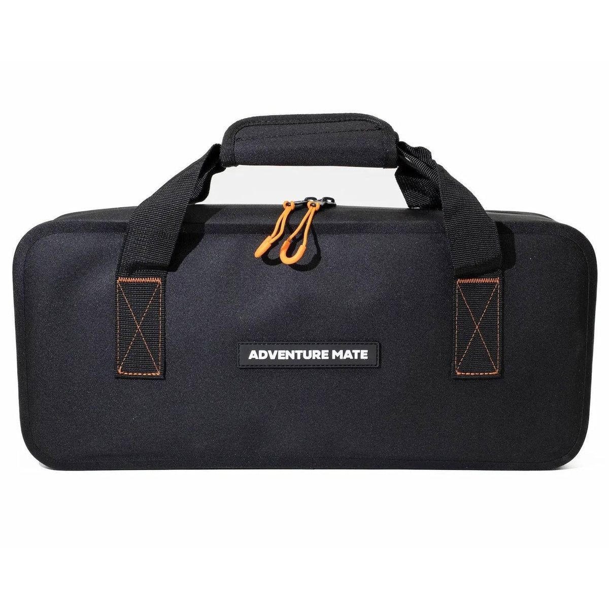 Front of the black Adventure Mate zippered carry case with handles and logo patch