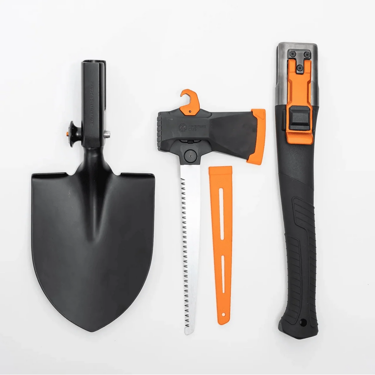 Adventure Mate multitool components laid flat on white: shovel head, axe head with saw blade and orange sheath, and the handle
